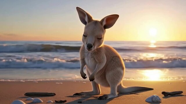Adorable baby kangaroo joey stands curiously on a sandy beach at golden hour with ocean waves crashing gently in the background