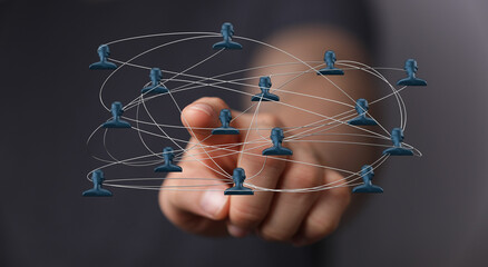 Concept of the global connection, networking, technology and communication illustrated with a hand interacting with a digital network, with 3D i