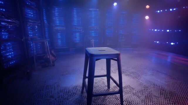 A metal stool sits center stage in an industrial-looking space bathed in blue and purple light