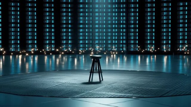 A single stool sits center stage against a backdrop of a data center or computer lab with blue lights