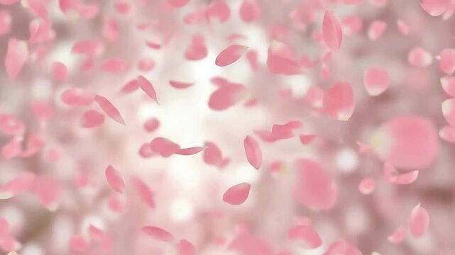 Delicate pink rose petals gently falling through a soft light creating a romantic and ethereal background for celebrations or love themes