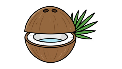 cut coconut in the middle with green leaf on the right side vector illustration on white background