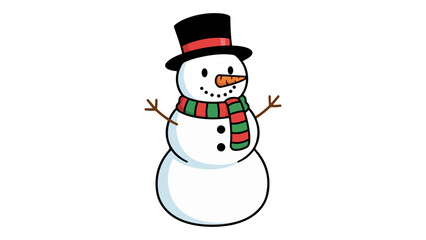 cute snowman with red and green scarf and black hat on the head and with hands in the sky