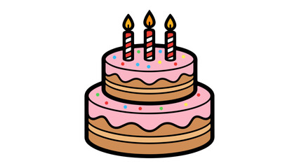 birthday cake with three red and white candles and with ping topping simple vector illustration on white background