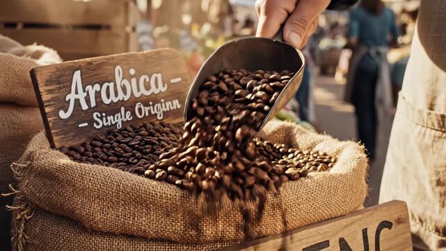 Vendor scooping roasted Arabica coffee beans from a sack in slow motion. Close-up of single origin coffee at an outdoor farmers' market. Fresh artisanal product concept