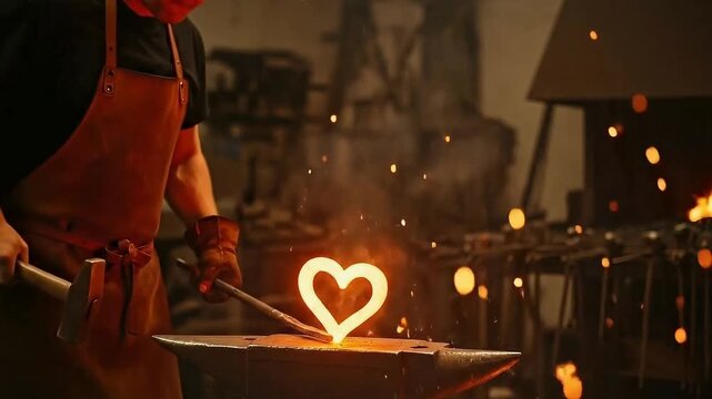 Blacksmith forges a glowing heart shape from hot metal on an anvil surrounded by brilliant sparks in a dark workshop environment