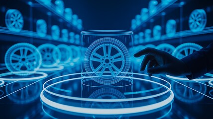Futuristic automotive wheel technology interface with digital display
