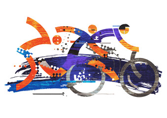 Triathlon race expressive stylized.
Expressive stylized illustration of three triathlon athletes on a grunge background.