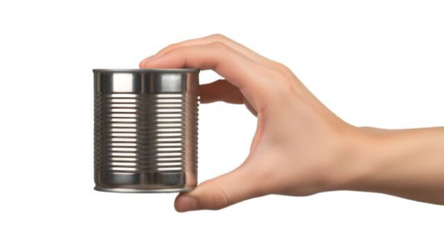 Hand Holding a Metal Tin Can on Black Background