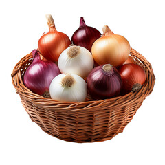 Fresh organic onions and garlic in a basket are healthy raw ingredients for vegetarian food