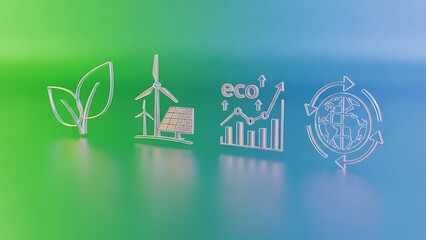 Four glowing 3d icons representing environmental sustainability renewable energy economic growth and global recycling concepts float above a vibrant green blue gradient background
