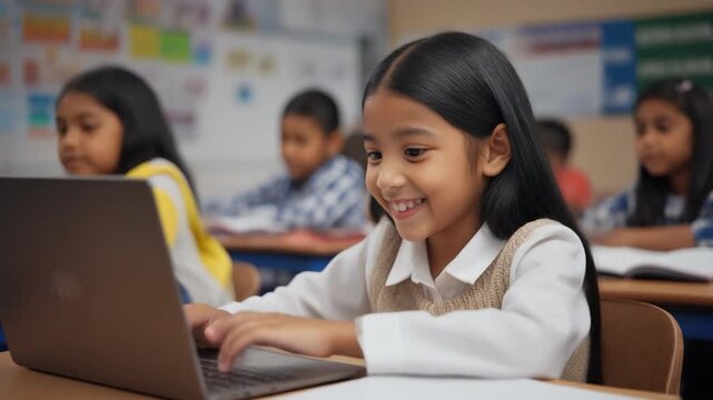 Happy Schoolgirl Typing on Laptop in Classroom