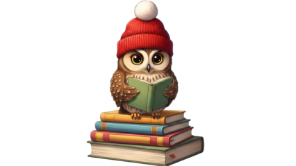 Owl wearing red beanie reading book on stack of books isolated on transparent background