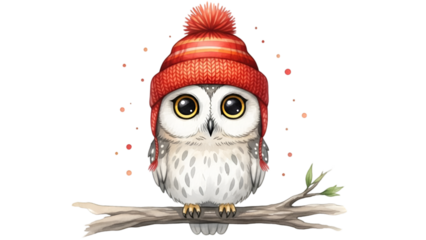 Adorable owl wearing red knitted hat on branch isolated on transparent background