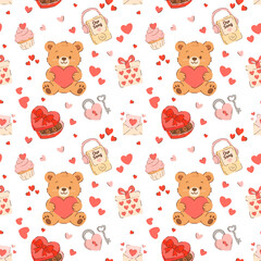 Seamless Valentine&rsquo;s Day pattern with cute teddy bears holding hearts, gift boxes, cupcakes, chocolates, love letters and romantic icons. Sweet repeat background for wrapping paper, kids,  stationery