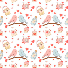 Seamless Valentine&rsquo;s Day pattern with cute birds, hearts, love letters, cameras, cupcakes, music player and romantic icons. Soft pastel repeat background for wrapping paper, textiles, cards