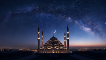 Awe-Inspiring Grand Mosque Lit Up at Night, Set Against a Deep Blue Starry Sky, Featuring the Milky Way and Crescent Moon: Perfect Background for Islamic Celebrations and Spirituality.