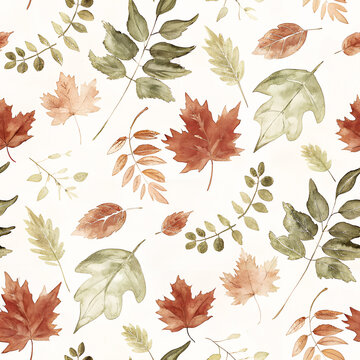 Seamless watercolor pattern with autumn leaves in soft earthy tones on light background. Perfect for textiles, wallpapers, packaging, seasonal branding, stationery, and fall-themed designs.