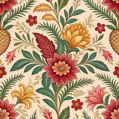 Elegant seamless floral pattern with exotic flowers and lush leaves in warm colors. Perfect for wallpapers, textiles, fashion prints, packaging, stationery, and interior decor.