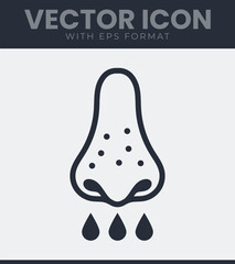 Human nose visible pores minimalist line icon, nostrils indicating runny nose, organ, drops, liquid, fluid, runny, allergy, illness, sickness, symptom, skin, vector symbol illustration