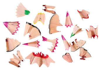 Multicolored shavings from wooden pencils during sharpening on an isolated background