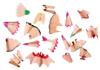 Multicolored shavings from wooden pencils during sharpening on an isolated background