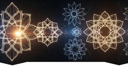 Abstract Particle Mandala Background: Luxury Golden and Blue Geometric Star Shapes Glittering on a Dark Celestial Night Sky for Festive Holiday Celebrations or Diwali/Ramadan Events.