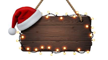 Festive wooden sign with Christmas lights and Santa hat isolated on transparent background