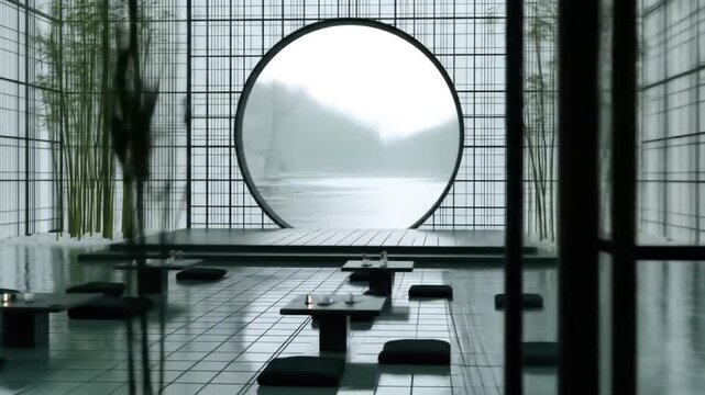 Modern Japanese-inspired interior with minimalist design, round window, bamboo, and square tables