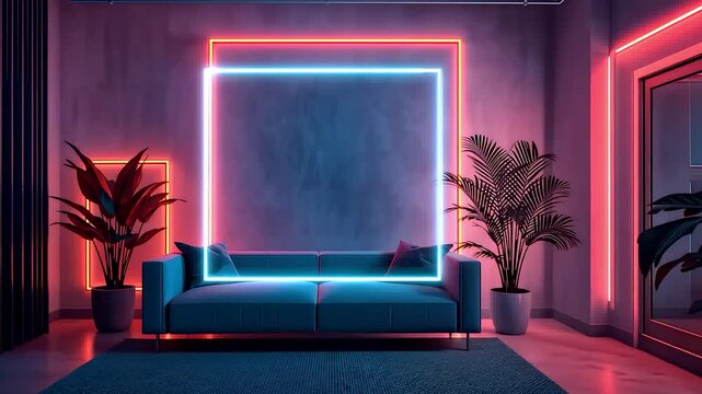 Neon Blue Orange Frame Glows Around Empty Portal Modern Living Room Plants Sofa Carpet Ambient Interior Design