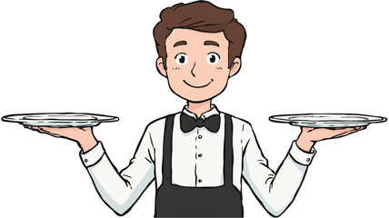 Elegant Cartoon Waiter Presenting Daily Specials: Professional Vector Illustration