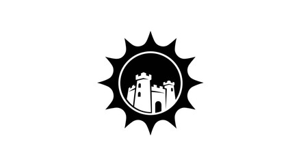 Monochrome Castle Silhouette within a Sunburst Design.