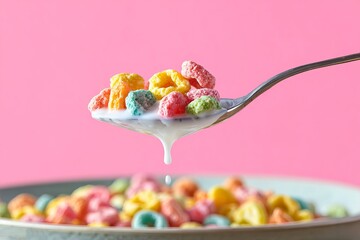 Spoonful of cereal with milk on a pink background
