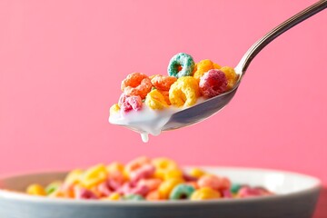 Spoonful of cereal with milk on a pink background
