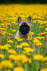 Boston Terrier in a field full of yellow flowers