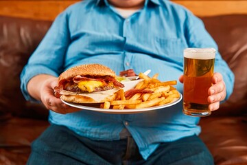 Overweight man with a hamburger, fries, and a beer