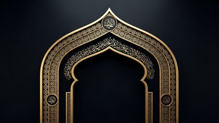 Luxurious 3D Golden Islamic Arch Background with Arabic Calligraphy and Intricate Geometric Patterns on Dark Black Backdrop for Ramadan and Eid Celebrations.