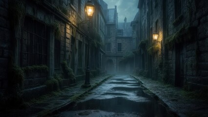 Fototapeta premium Mysterious cobblestone alleyway at night with dim streetlights and fog.