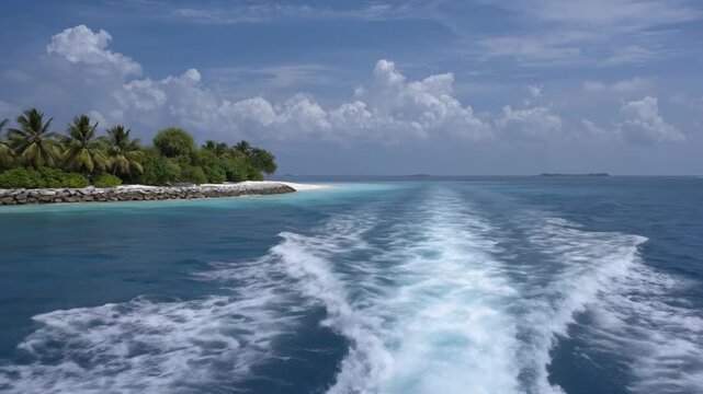Experience the serene beauty of a tropical paradise from a unique perspective as a boat glides across the crystal-clear ocean, leaving a white foamy wake in its path. The vibrant turquoise and deep bl