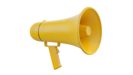 A bright yellow megaphone isolated on a transparent background, perfect for announcements and promotions