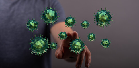 Digitally rendered illustration of a hand interacting with floating coronavirus particles, symbolizing global