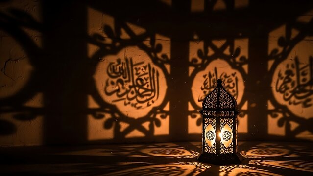 Glowing Ramadan Lantern Casting Dramatic Shadows with Arabic Calligraphy Projection on Textured Wall - Traditional Middle Eastern Fanoos Lamp for Holy Month Celebration