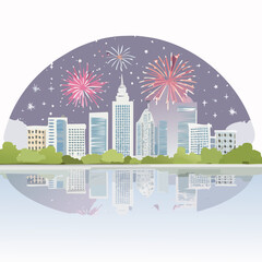 City Fireworks Skyline Illustration &mdash; Modern Urban Skylines with Colorful Fireworks Reflections, Flat Vector Collection