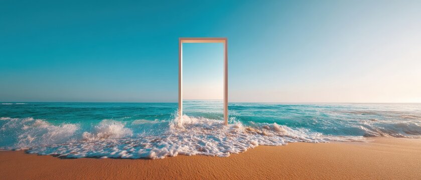 Surreal beach scene with framed ocean view