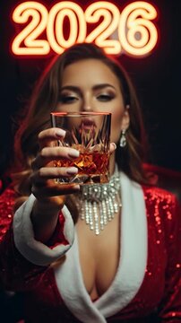 Elegant woman celebrates New Year 2026 with a festive toast, raising a glass of amber liquid in a glamorous red sequin outfit and sparkling jewelry, dark background with glowing neon numbers.