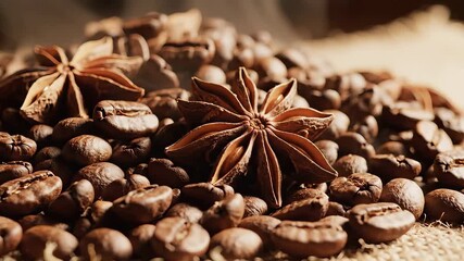A captivating closeup view of aromatic roasted coffee beans intimately mixed with exotic star anise pods creating a rich and inviting blend perfect for a warm beverage or culinary delight highlightin.