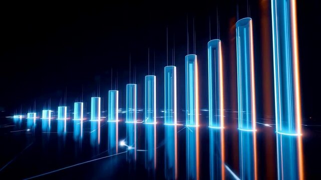 Blue Neon Bar Graph Rising Columns Data Visualization Glowing Lines Perspective Dark Abstract Background