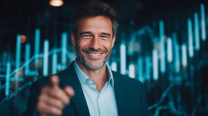 smile, A prominent businessman looks and points directly at the camera; in the background are bars and numerical graphs, showing profit metrics.