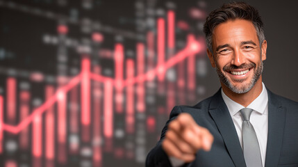 smile, A prominent businessman looks and points directly at the camera; in the background are bars and numerical graphs, showing profit metrics.