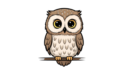 Cute cartoon owl with big eyes, fluffy brown feathers, perched on a branch, vector graphic perfectly isolated on transparent background